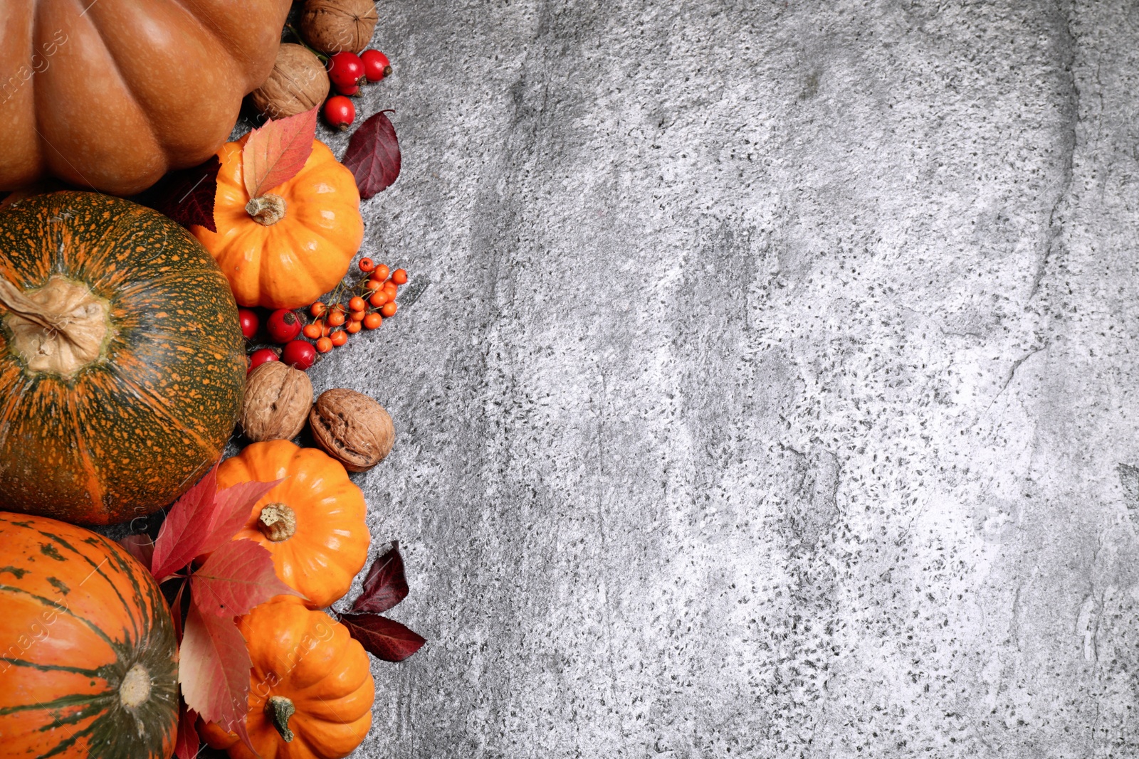 Photo of Flat lay composition with pumpkins and autumn leaves on grey table, space for text. Thanksgiving Day