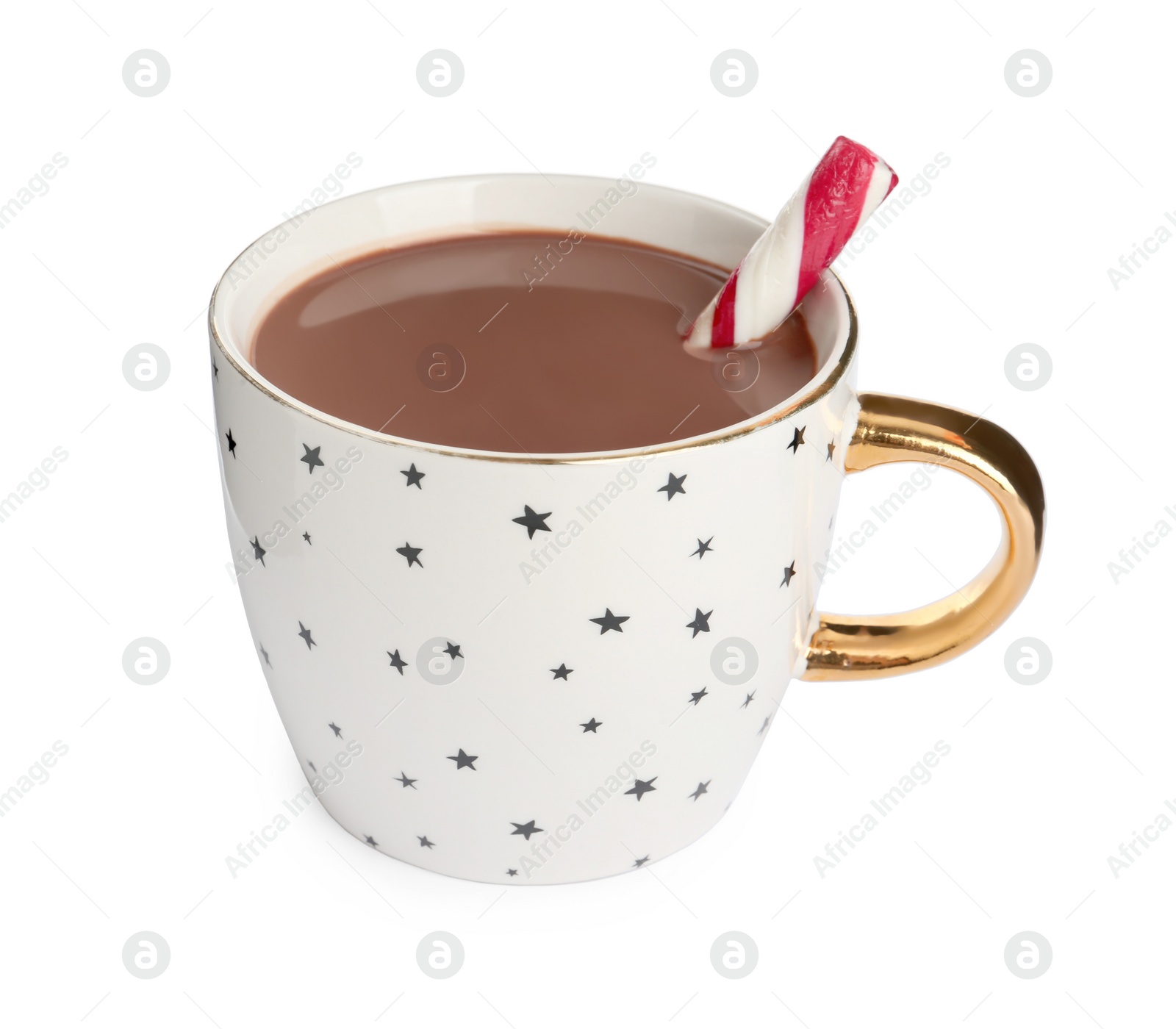 Photo of Cup of delicious hot chocolate with candy cane isolated on white