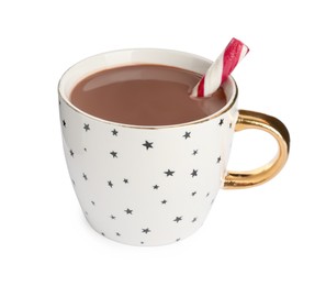 Photo of Cup of delicious hot chocolate with candy cane isolated on white
