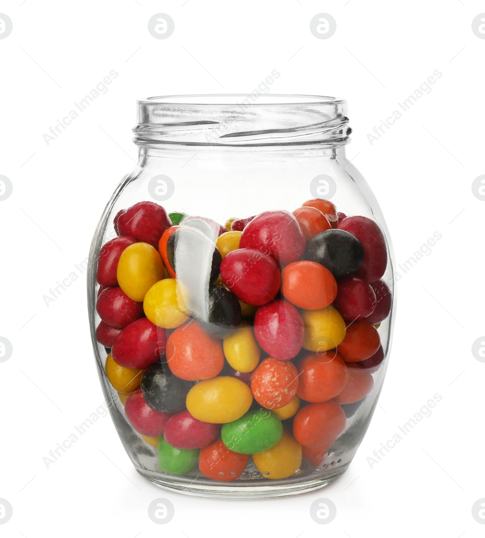 Photo of Many tasty candies in glass jar isolated on white