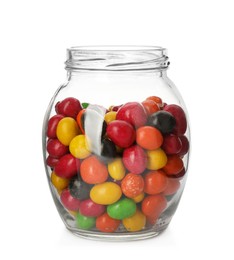 Many tasty candies in glass jar isolated on white