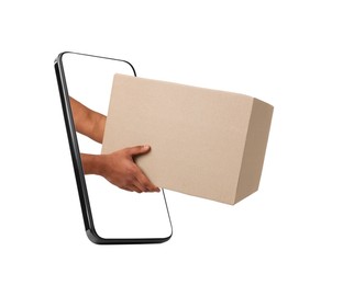 Courier passing parcel through smartphone on white background. Delivery service