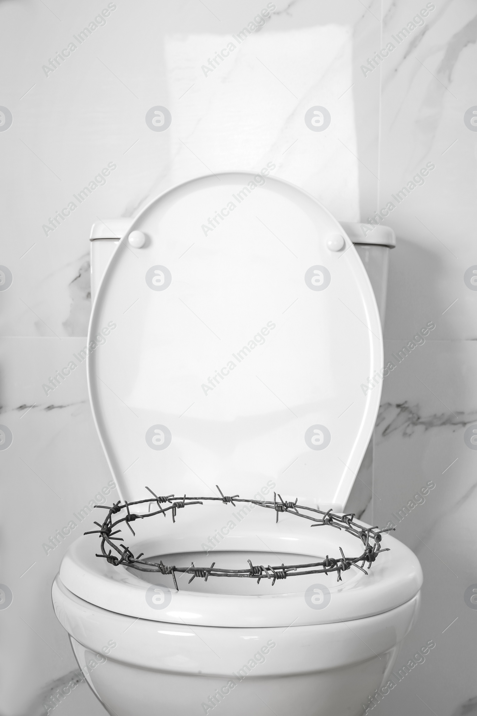 Photo of Toilet bowl with barbed wire near marble wall. Hemorrhoids concept