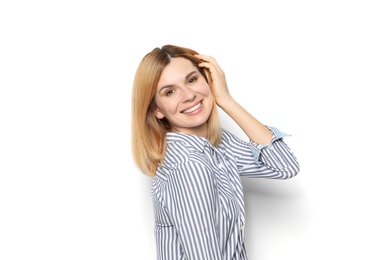 Photo of Portrait of woman with beautiful face on white background