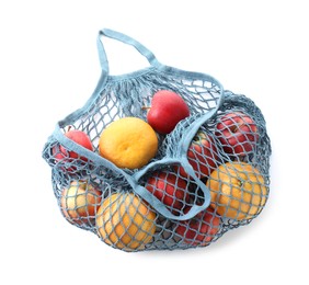 Photo of String bag with apples and oranges isolated on white, top view