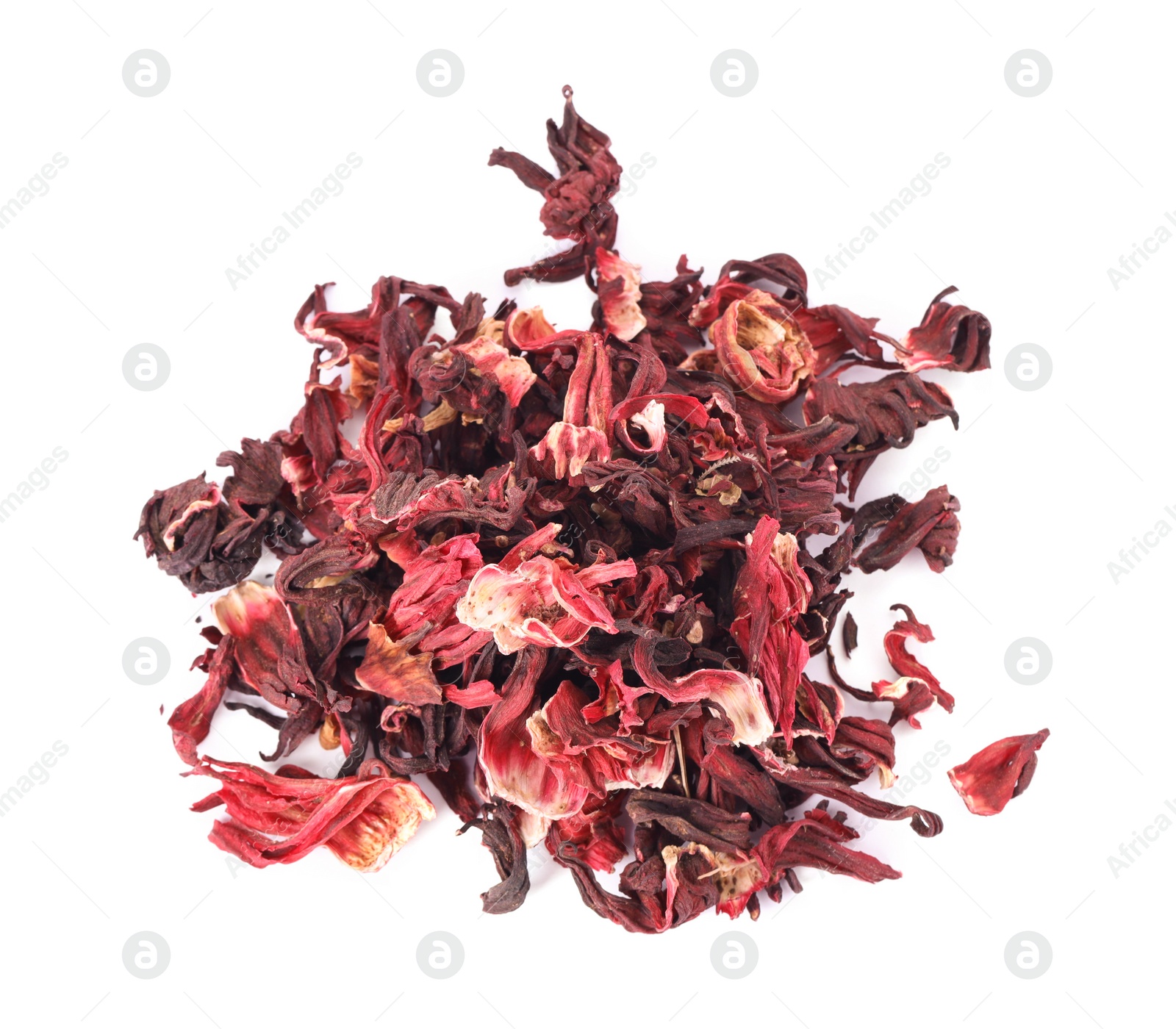 Photo of Pile of dry hibiscus tea isolated on white, top view