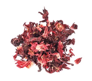 Pile of dry hibiscus tea isolated on white, top view