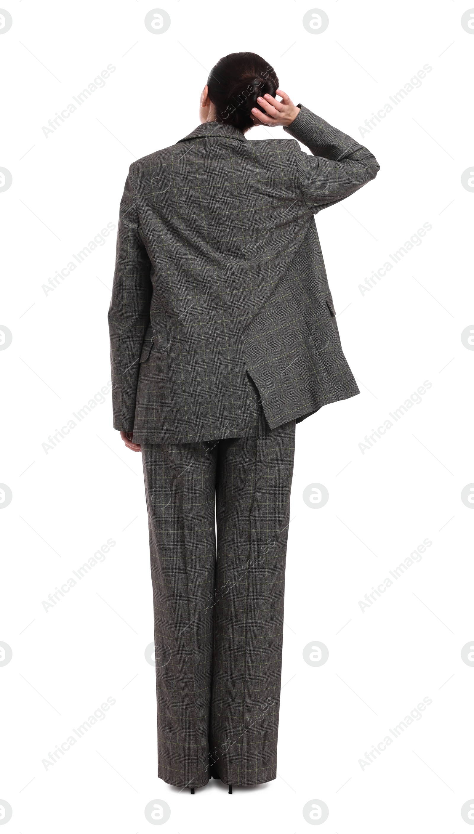 Photo of Businesswoman in suit on white background, back view