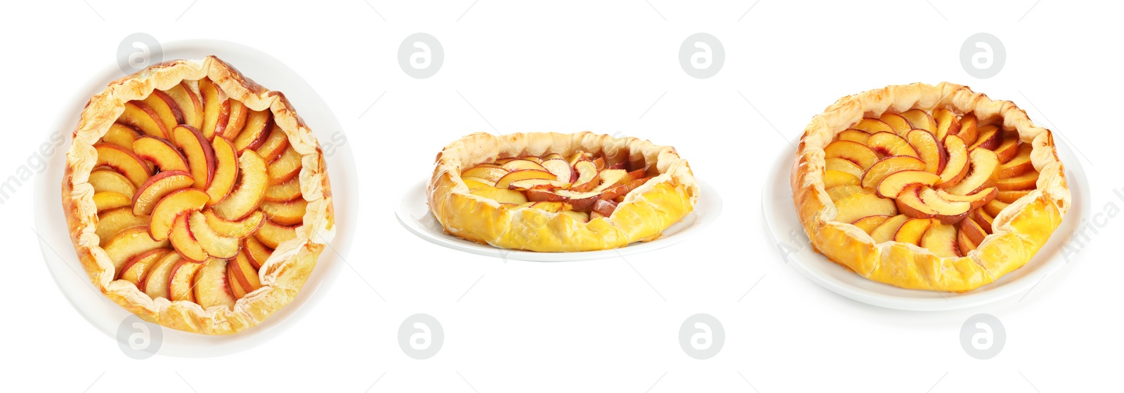 Image of Collage with delicious peach pie on white background, different sides