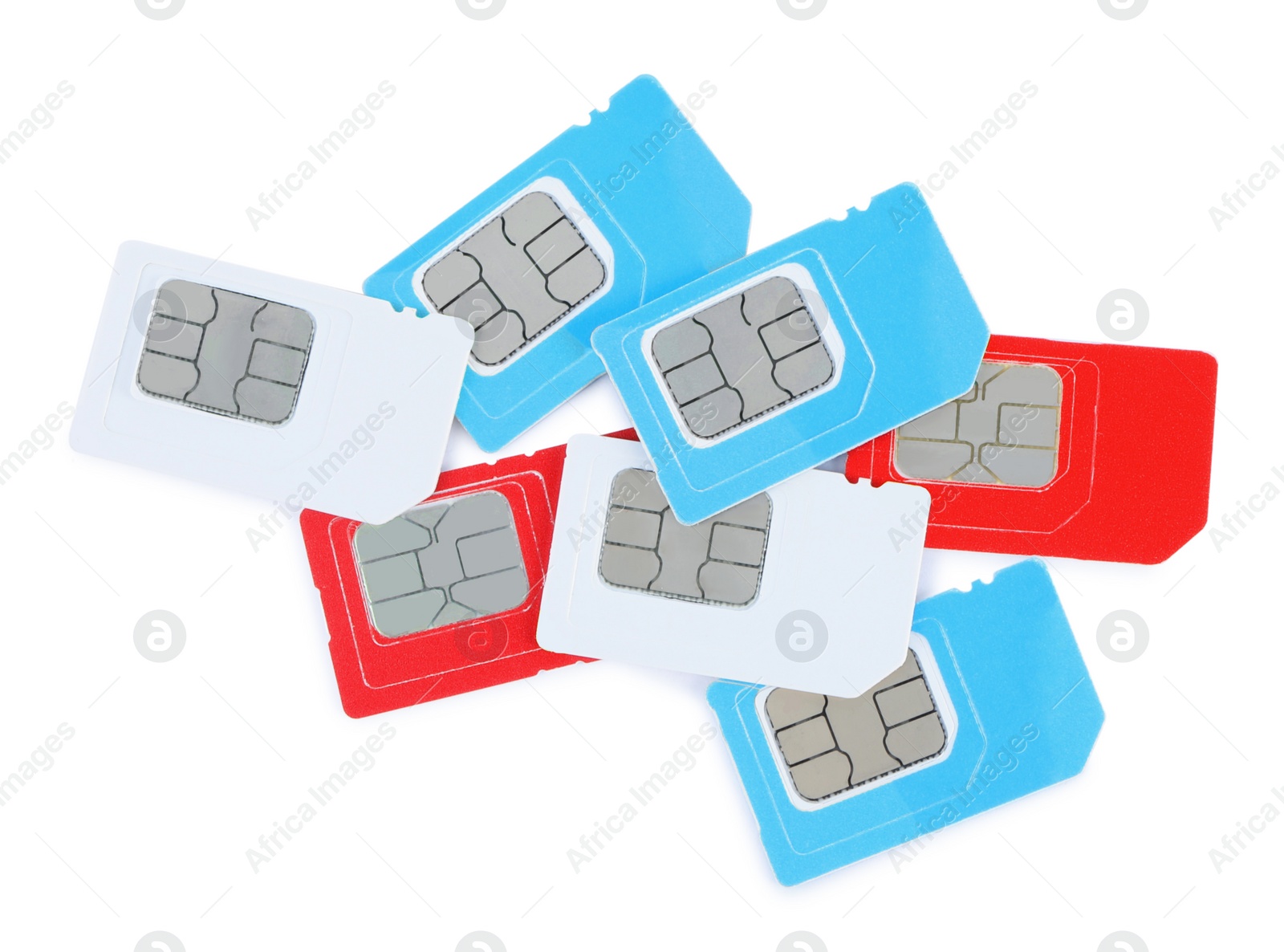 Photo of Pile of different SIM cards on white background, top view