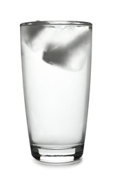 Photo of Glass of cold clear water with ice on white background. Refreshing drink