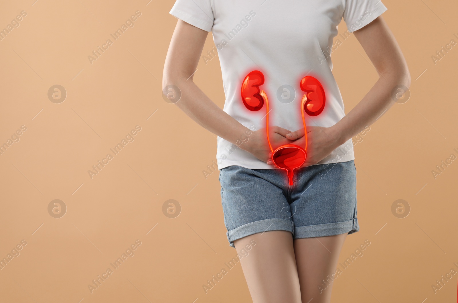 Image of Woman suffering from cystitis on beige background, closeup. Illustration of urinary system