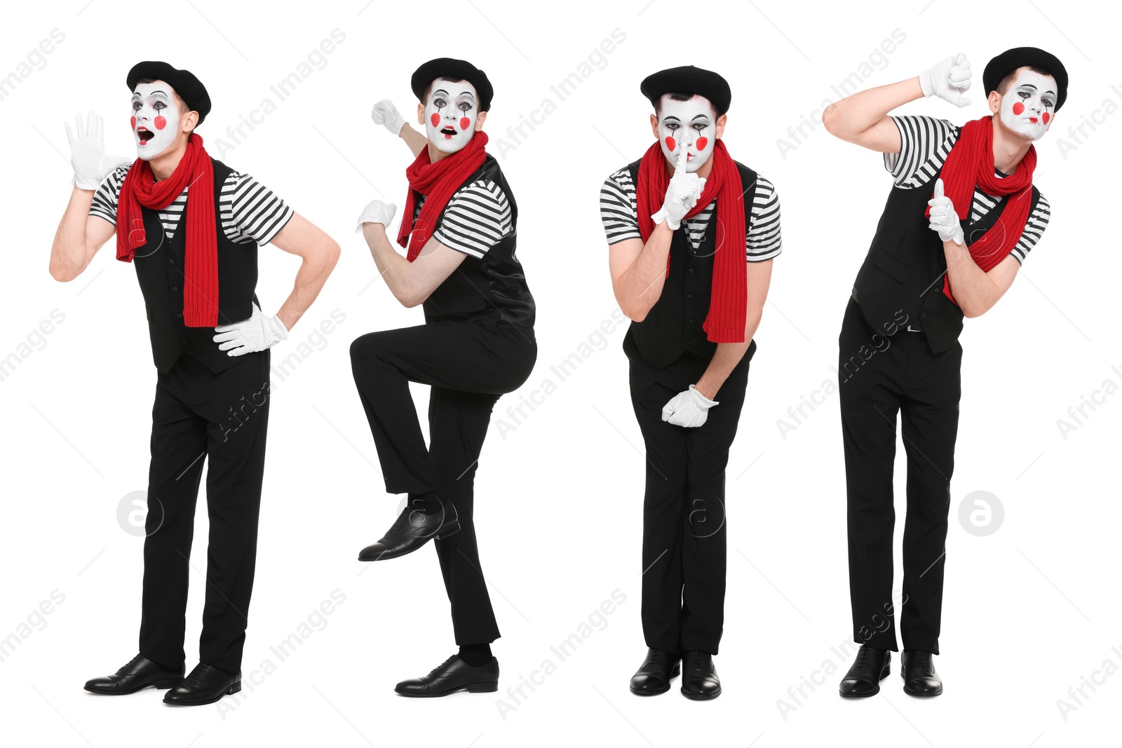 Image of Funny mime posing on white background, set of photos