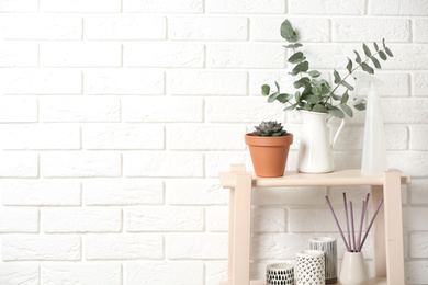 Beautiful plants and accessories on wooden shelves near brick wall at home. Space for text