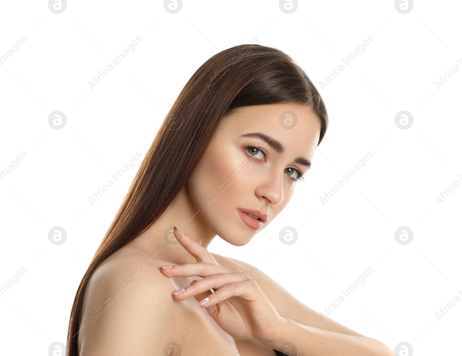 Photo of Portrait of young woman with beautiful face on white background