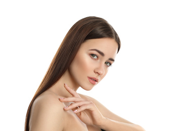 Portrait of young woman with beautiful face on white background