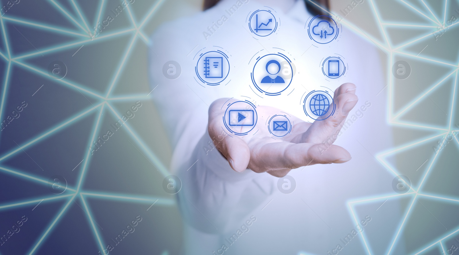 Image of  Woman demonstrating icons of data management system on light background, closeup