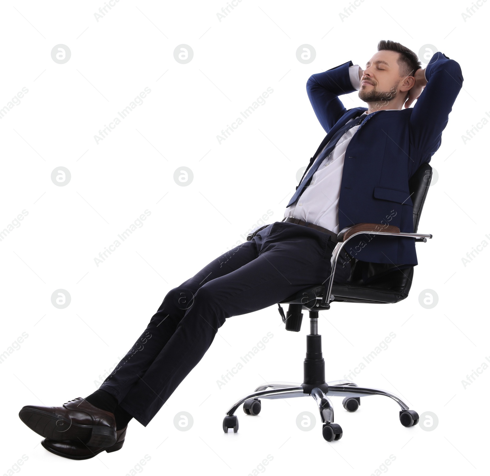 Photo of Handsome businessman relaxing in office chair on white background