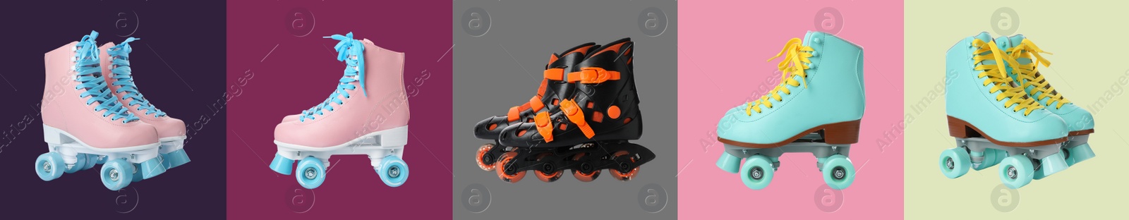 Image of Many roller skates on different color backgrounds. Banner design