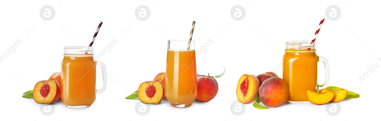 Image of Set of peach juice and fresh fruits isolated on white