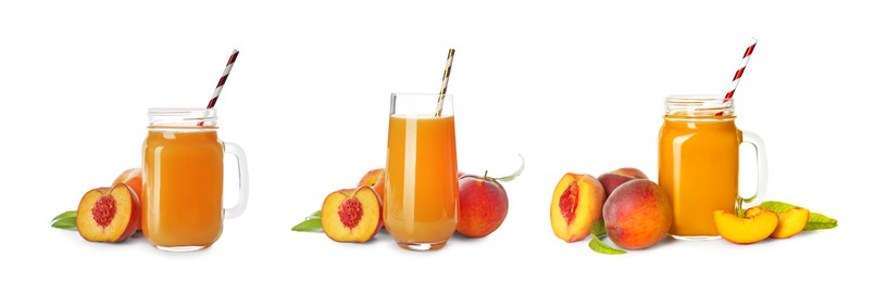 Image of Set of peach juice and fresh fruits isolated on white