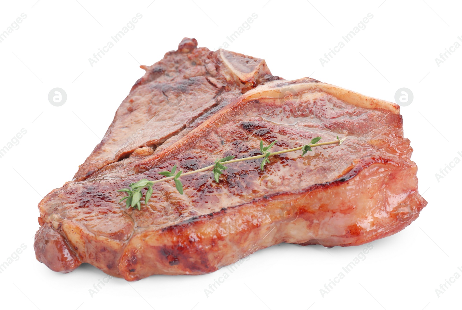 Photo of Delicious fried beef meat and thyme isolated on white