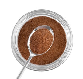Photo of Spoon with instant coffee above glass jar isolated on white, top view