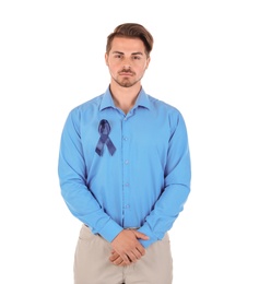 Young man with blue ribbon on white background. Urological cancer awareness