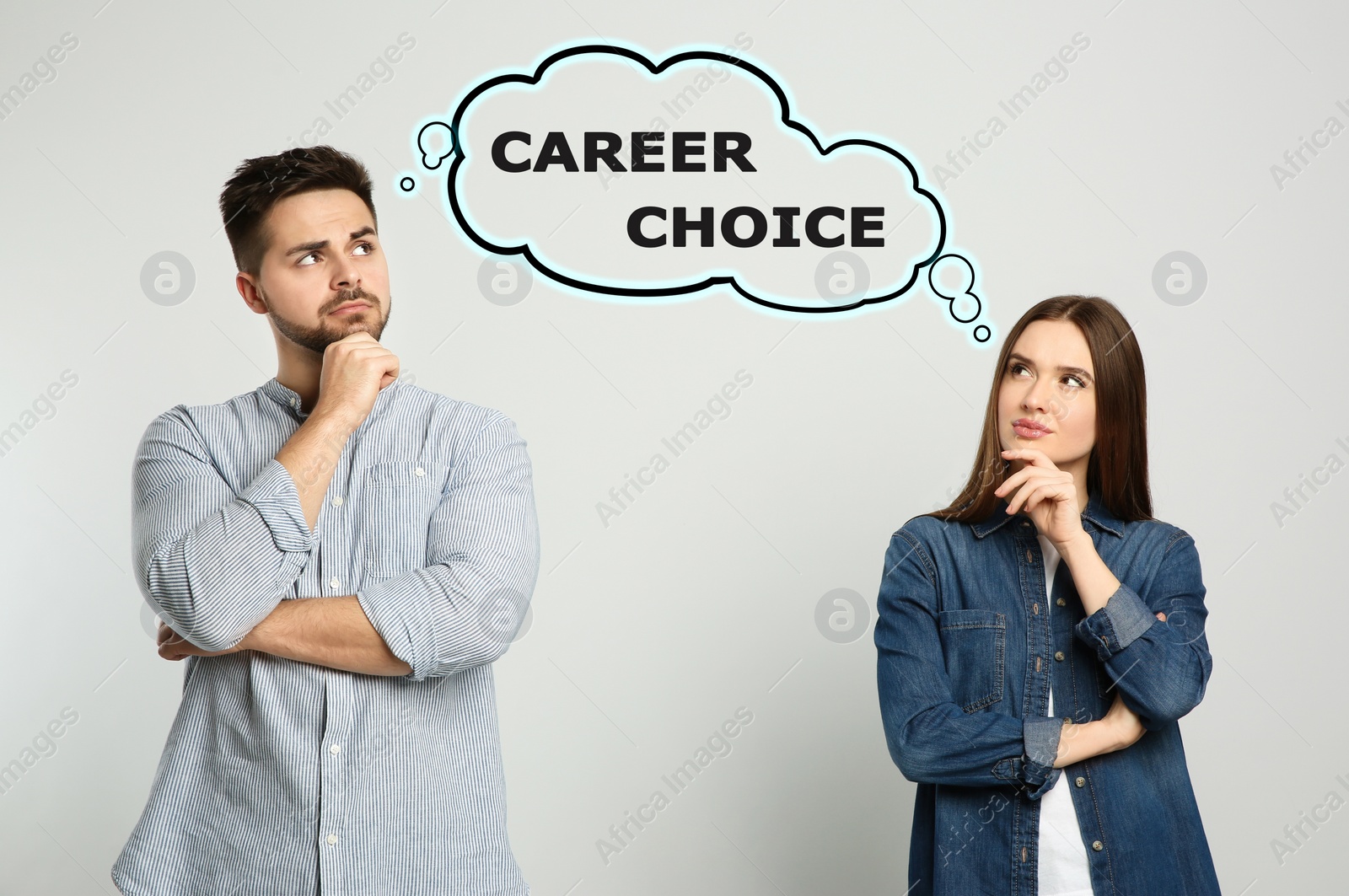 Image of Young people thinking about career choice on light background