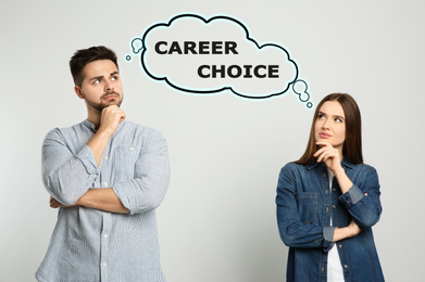 Image of Young people thinking about career choice on light background