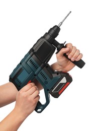 Man holding modern electric power drill on white background, closeup