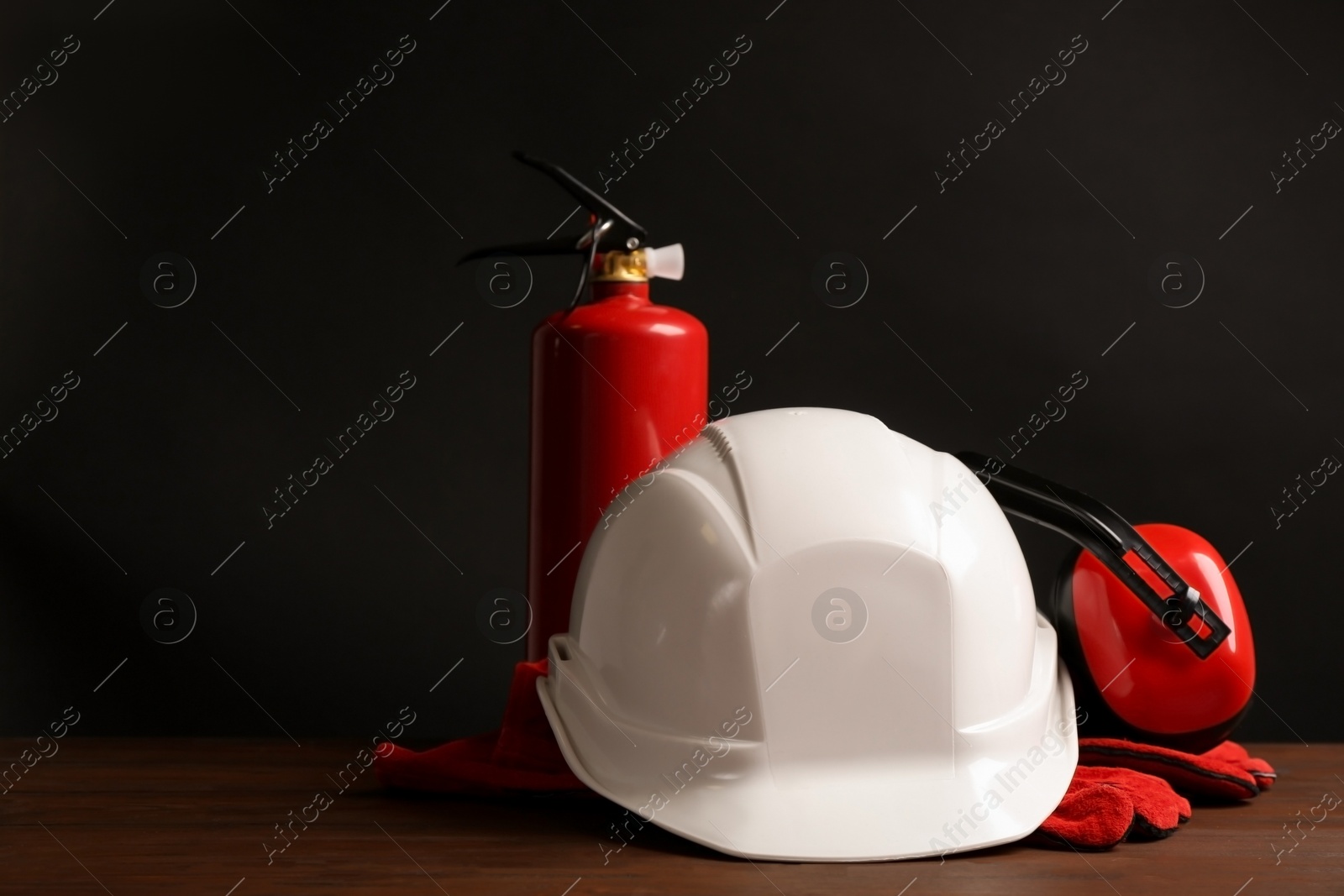 Photo of Composition with safety equipment on table. Space for text