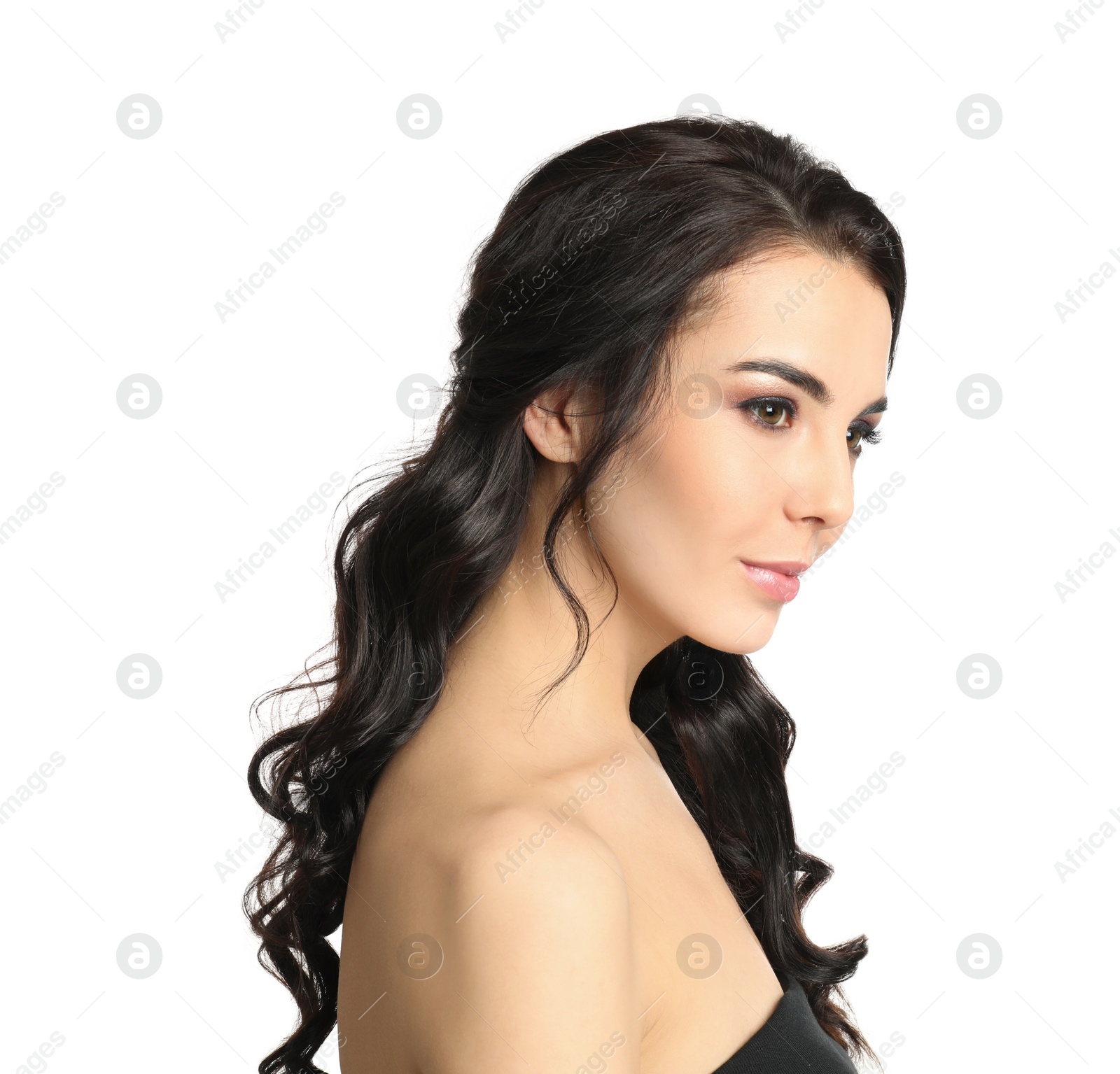 Photo of Portrait of beautiful woman with long hair on white background