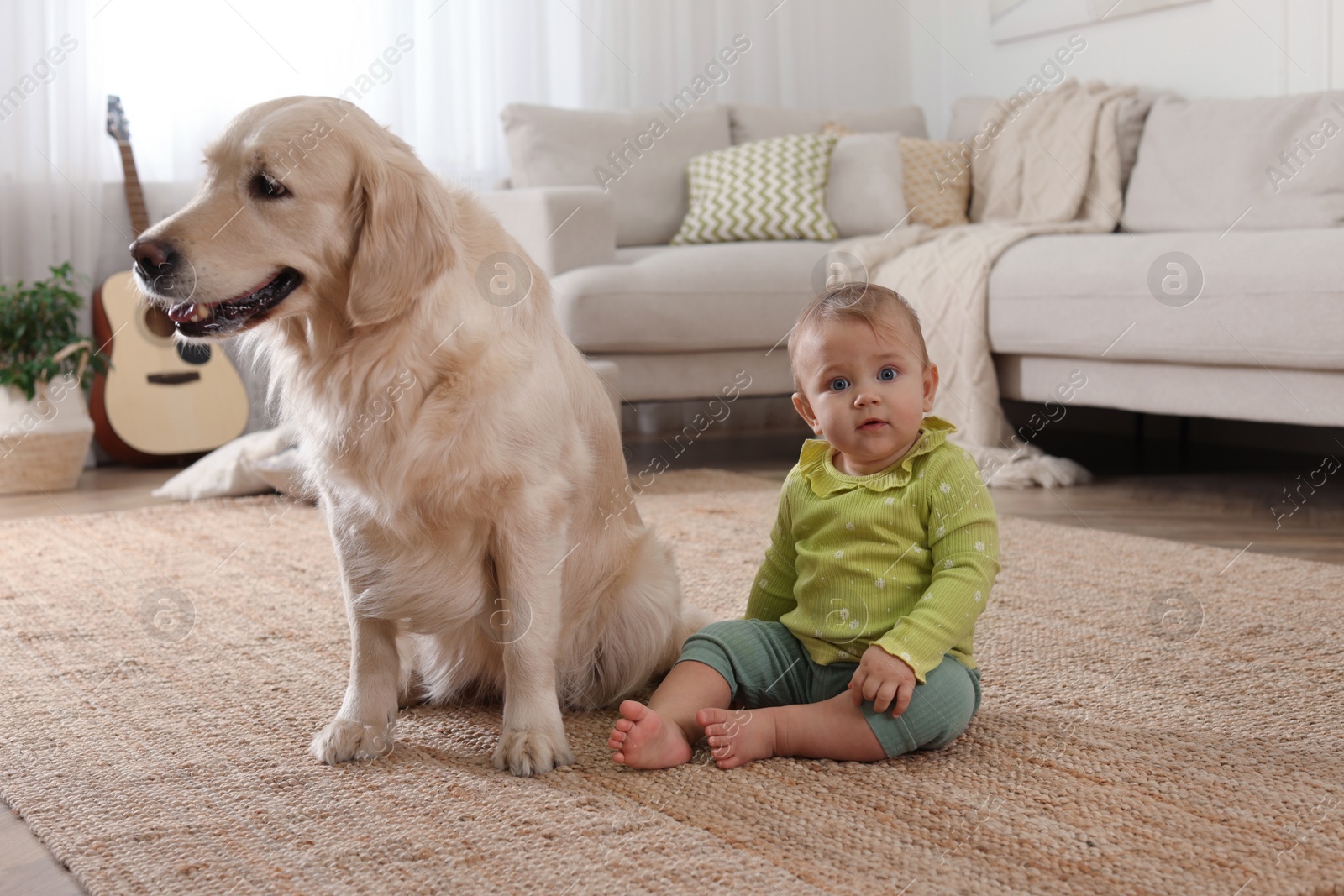 Photo of Cute little baby with adorable dog on floor at home