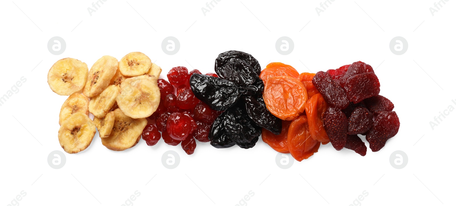 Photo of Mix of delicious dried fruits isolated on white, top view