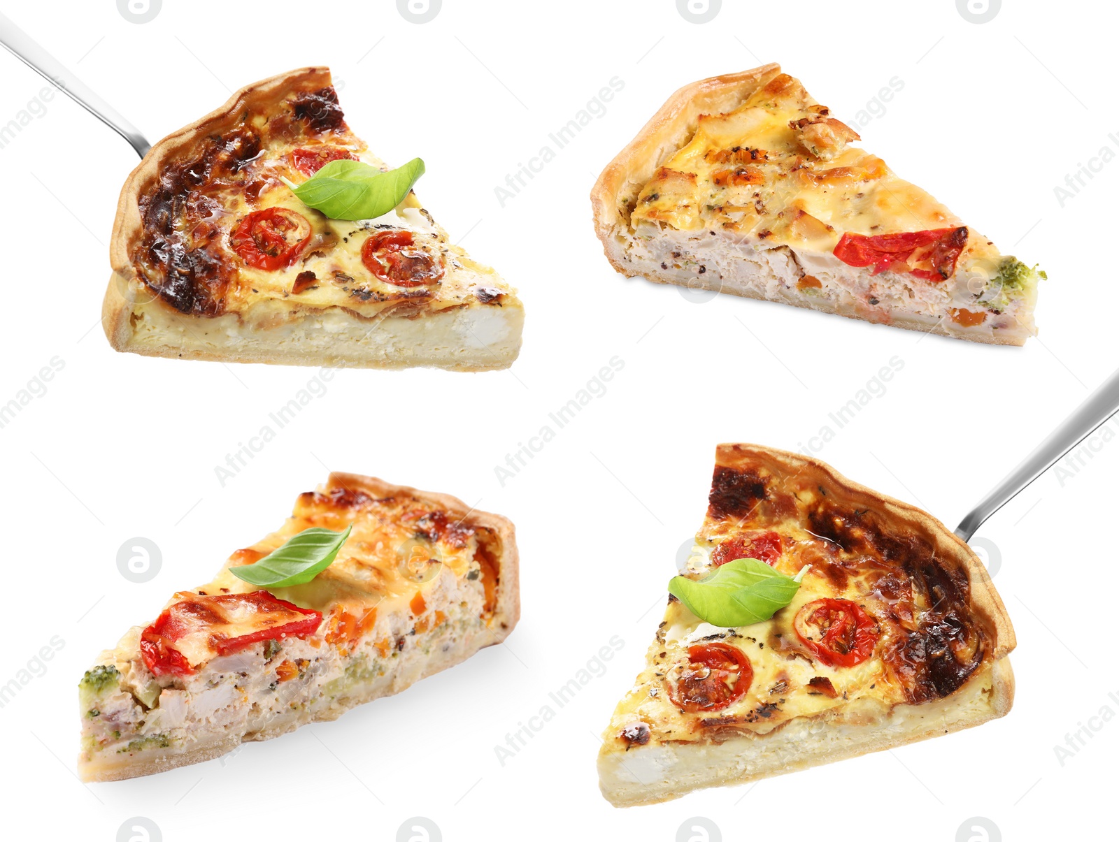 Image of Pieces of different quiches isolated on white, set