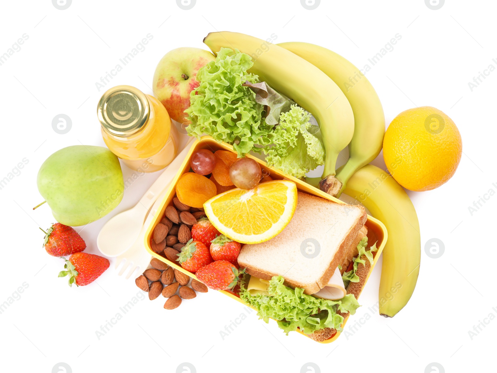 Photo of Tasty food and orange juice on white background, top view. School dinner