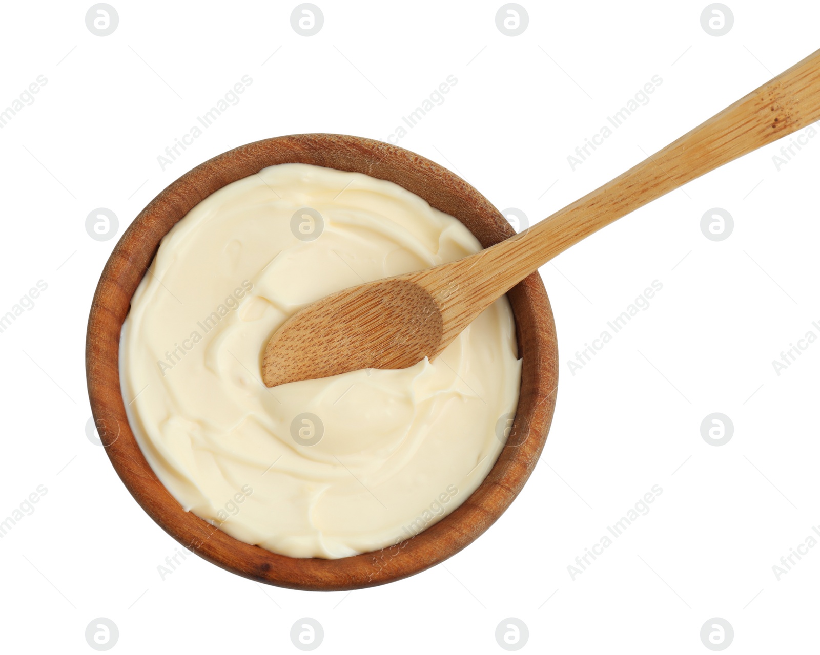 Photo of Bowl with mayonnaise sauce and spoon isolated on white, top view