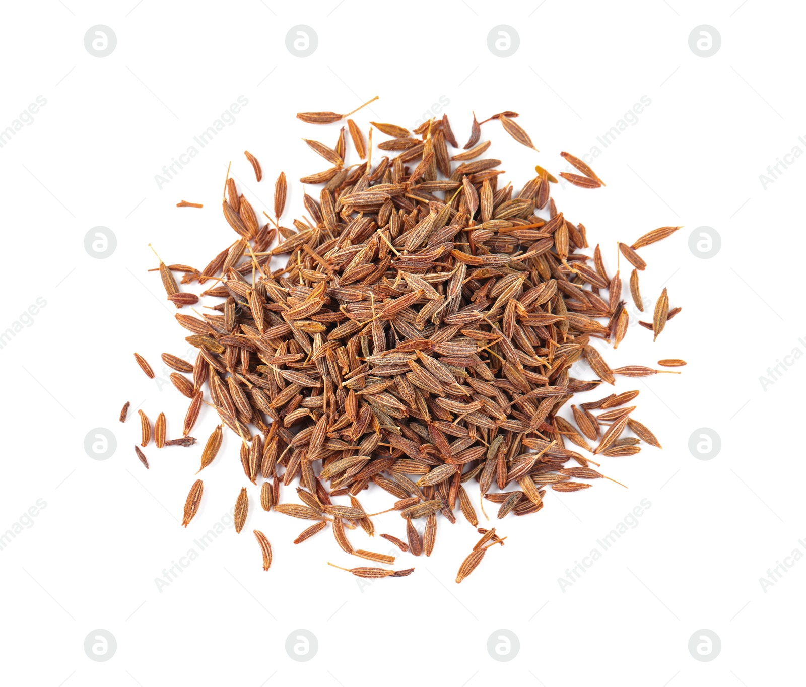 Photo of Heap of aromatic caraway (Persian cumin) seeds isolated on white, top view