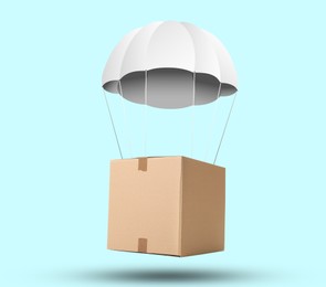 Image of Cardboard box with parachute flying on light blue background
