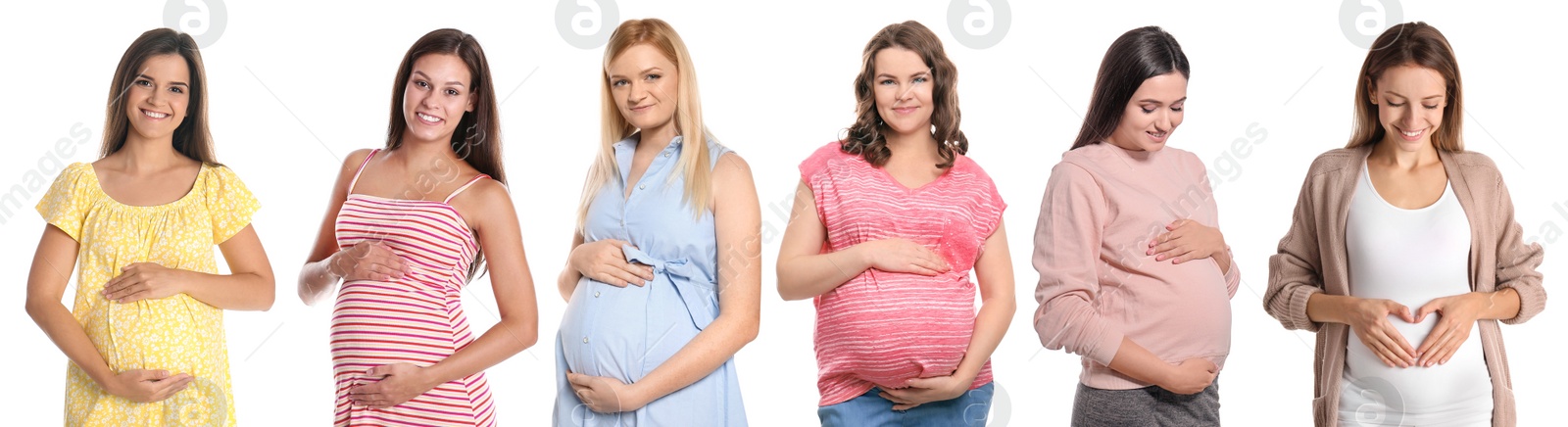 Image of Collage with photos of happy pregnant women on white background. Banner design