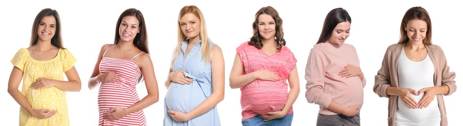 Image of Collage with photos of happy pregnant women on white background. Banner design