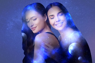 Image of Double exposure of beautiful women and starry sky with planets. Astrology concept
