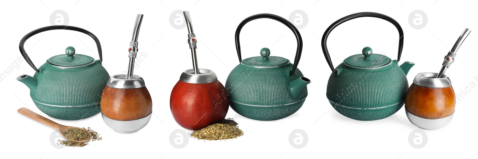 Image of Set with calabashes with mate tea, bombillas and teapots on white background. Banner design