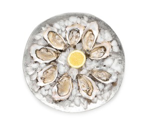 Photo of Fresh raw oysters served on white background, top view