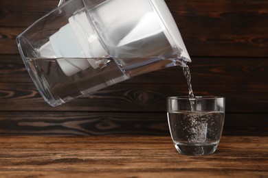 Photo of Pouring purified water from filter jug into glass on wooden table