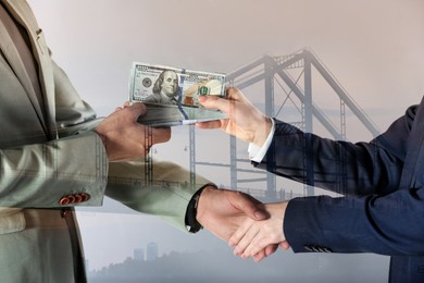 Image of Support, deal or partnership concept. Double exposure with bridge and photo of businesspeople shaking hands