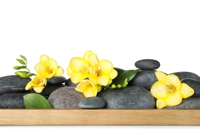 Photo of Wooden tray with spa stones and freesia flowers on white background