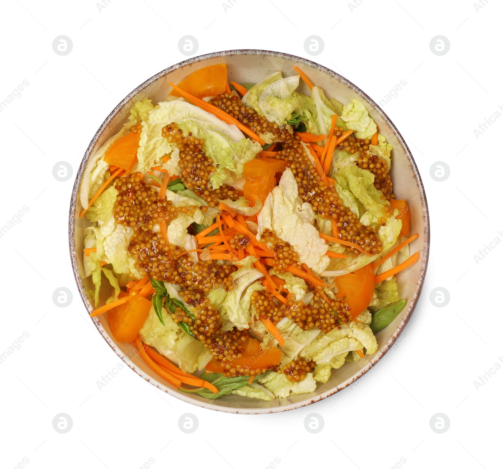 Photo of Delicious salad with Chinese cabbage and mustard seed dressing isolated on white, top view