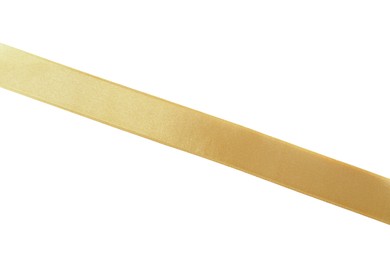 Photo of Golden satin ribbon on white background, top view